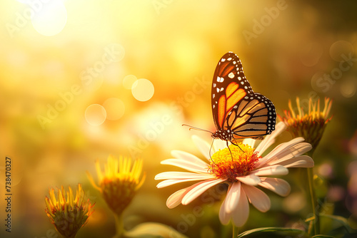A bright butterfly rests on a flower. There is fresh sunlight in the morning.