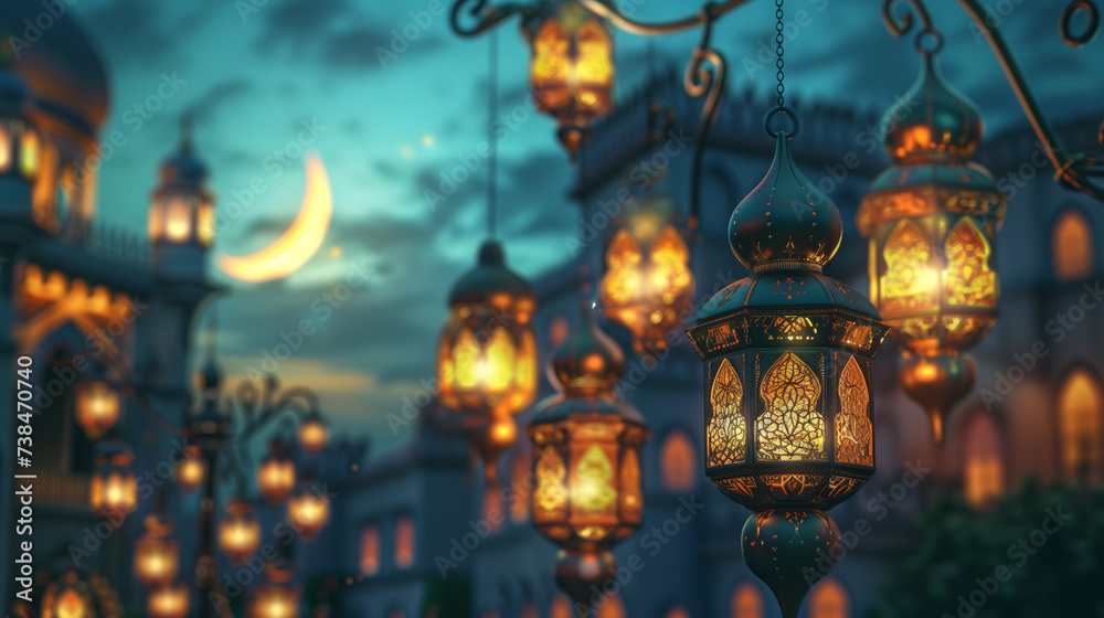 Illuminated Lanterns and Quran in Mosque Interior Illuminated Lanterns and Quran in Mosque Interior