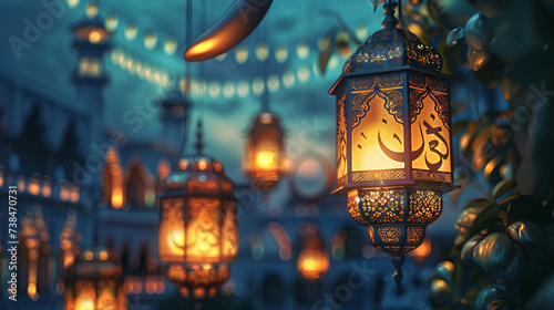Illuminated Lanterns and Quran in Mosque Interior