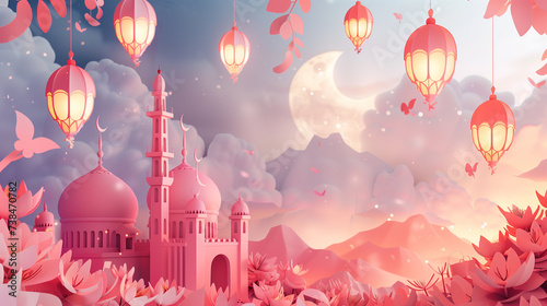 Fantasy Pink Mosque and Floral Landscape with Lanterns