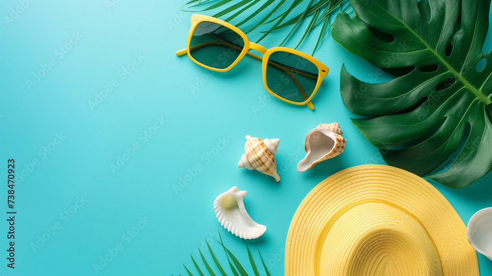 Fototapeta premium Top view, summer blue banner with yellow hat, sunglasses, seashells and monstera leaves on blue background.
