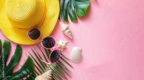 Top view, pink summer banner with yellow hat, sunglasses, seashells and monstera leaves on blue background.