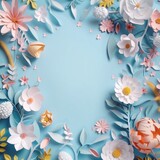 easter background with paper cut flowers, copy space in the center, paper cut craft, easter card design, pastel colors,