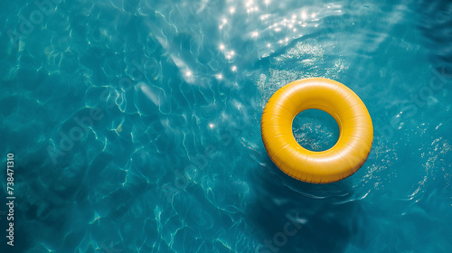 Yellow ball swimming in blue pool water, holiday concept summer vacation