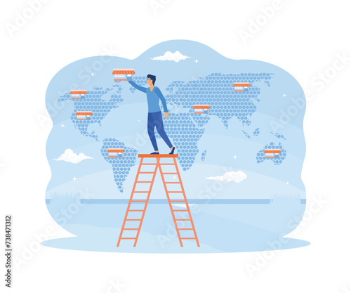 Franchise business concept. Businessman hand puts franchise store on world map. flat vector modern illustration 