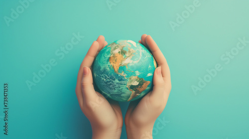 Hands supporting the earth, blue background, symbol of caring for and protecting our planet. copy space