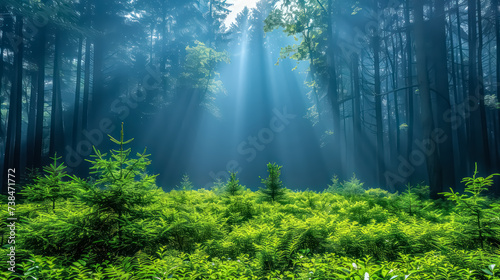 An enchanted forest, vibrant foliage, mystical creatures, green, whimsical, fantasy, dreamy photography