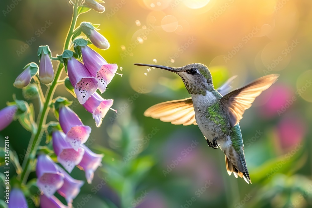 Fototapeta premium a male humming bird hovering near a foxglove flower, close-up shot, high detail, motion blur, amazing sunlight