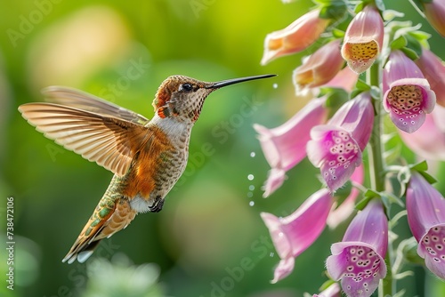 a male humming bird hovering near a foxglove flower, close-up shot, high detail, motion blur, amazing sunlight