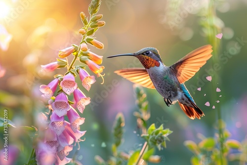 a male humming bird hovering near a foxglove flower, close-up shot, high detail, motion blur, amazing sunlight