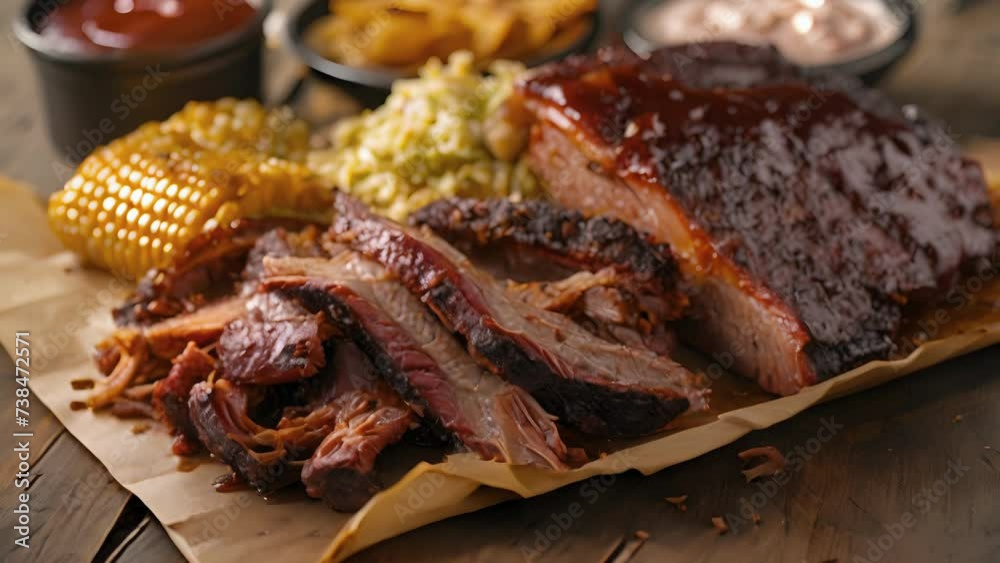 A trio of meats pulled pork brisket and chicken are piled high on a platter each showcasing a unique smoke ring from hours spent on the grill. The accompanying sides of creamy A trio of meats pulled pork brisket and chicken are piled high on a platter each showcasing a unique smoke ring from hours spent on the grill. The accompanying sides of creamy