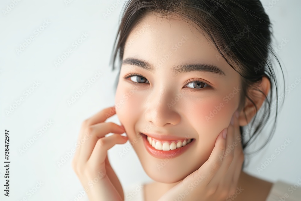 Smiling woman with brunette hair holding a phone in a close-up portrait Smiling woman with brunette hair holding a phone in a close-up portrait