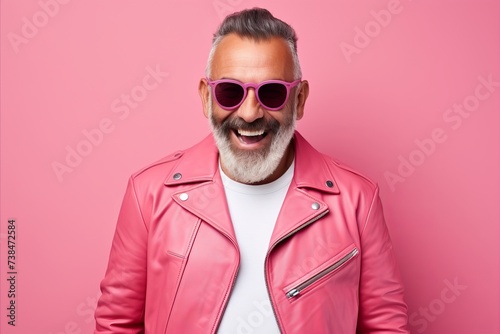 Cheerful mature man in sunglasses and pink leather jacket posing on pink background © Igor