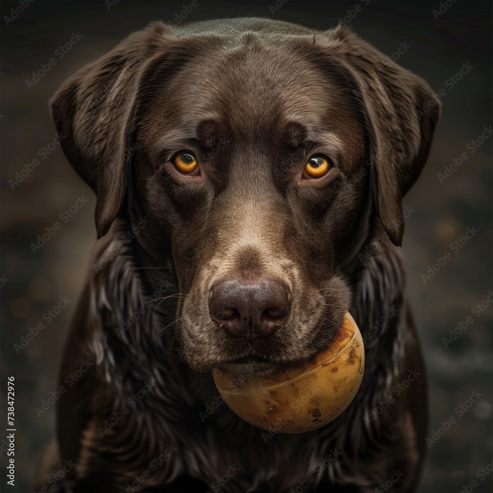 Brown male Labrador dog playing ball