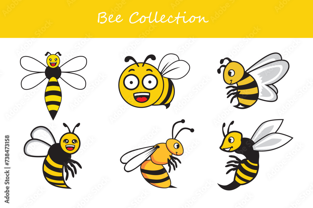 Set of cute cartoon bee. Vector illustration isolated on white background.