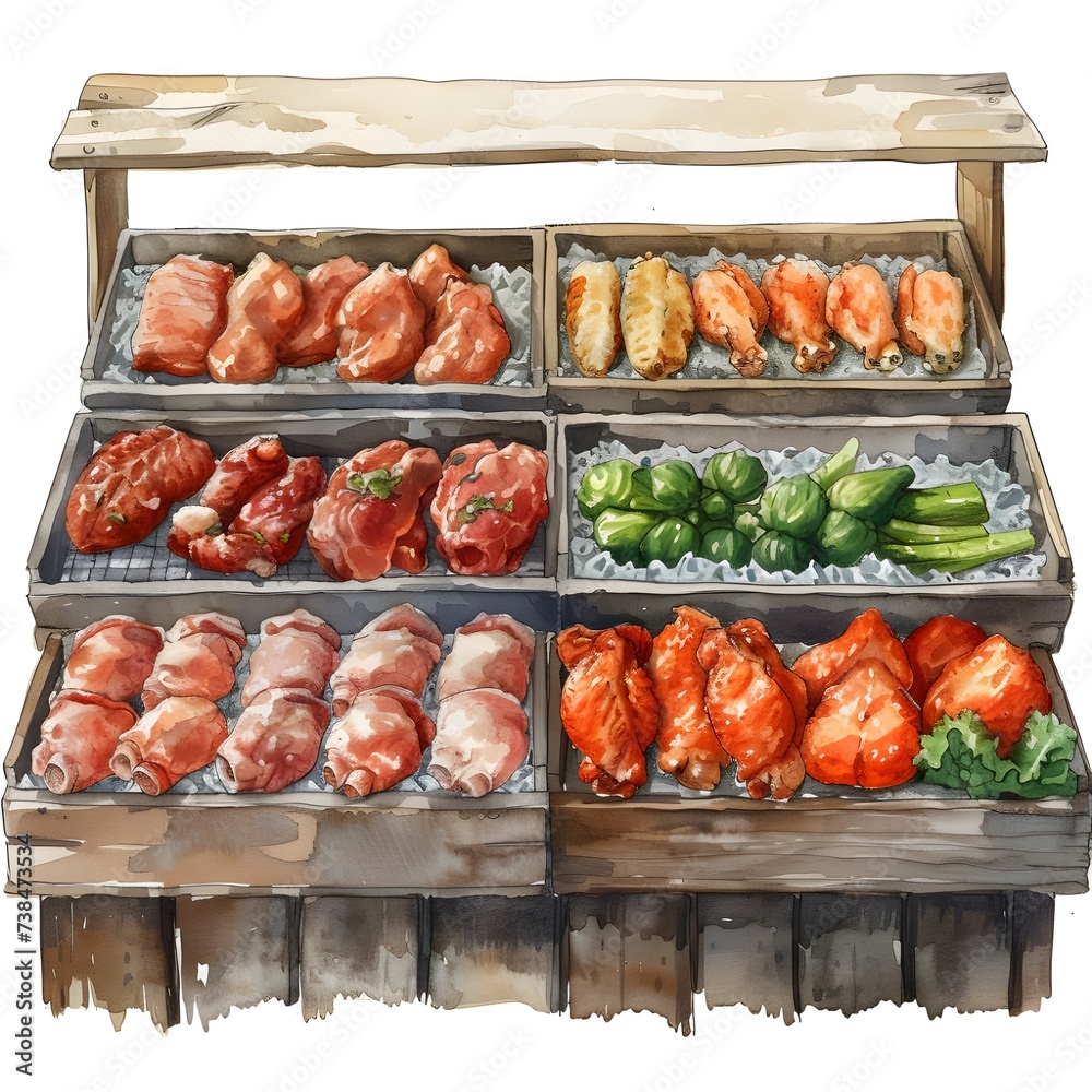 chicken wing arrangement On the stand with ice in the butcher shop, type of meat, cute cartoon, full body, watercolor illustration.