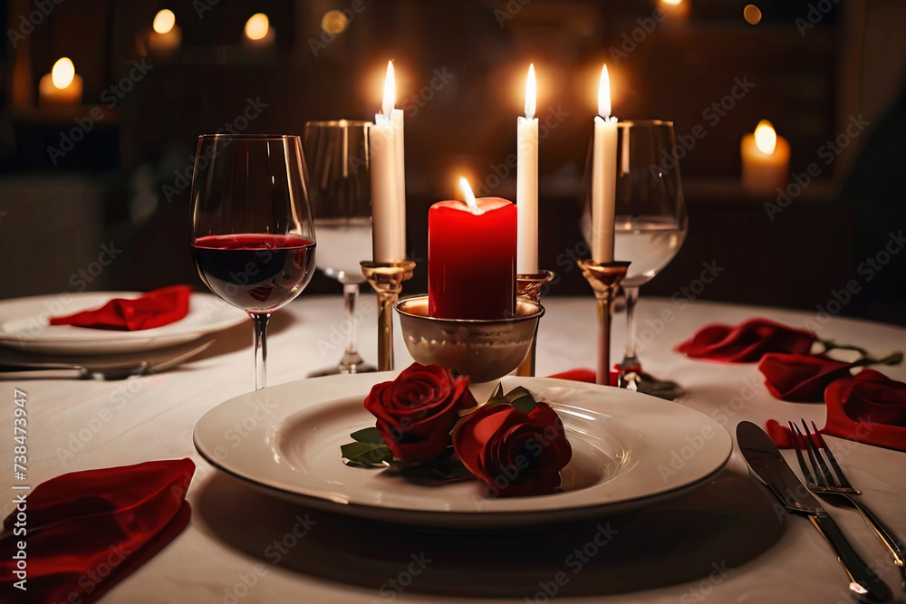 Romantic candlelit dinner setup with heart-shaped centerpiece for memorable Valentine's Day celebration. HD realism captures intimate ambiance. Romantic candlelit dinner setup with heart-shaped centerpiece for memorable Valentine's Day celebration. HD realism captures intimate ambiance.