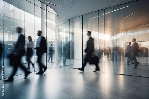 Crowd of business people walking in office fast moving with blurry business