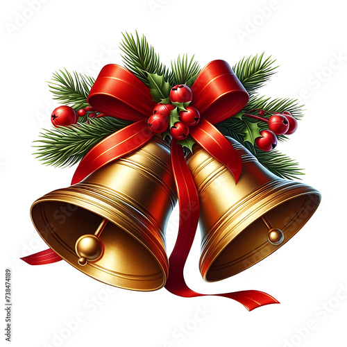 Christmas bells with red ribbon isolated on transparent background, Christmas decoration 