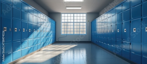 a room with blue lockers