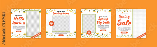 Social media post for spring sale. Spring sale banner with beautiful colorful flowers. Spring banner with 50% discount.