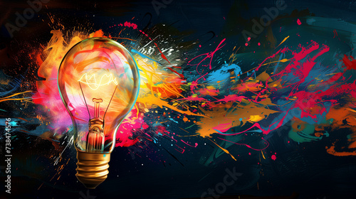 Creative Explosion: Light Bulb Amidst Colorful Paint Splatters on Dark Background