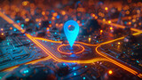 Futuristic Location Marker on Glowing Circuit Board City Map Background