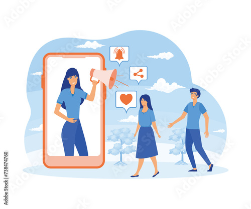 Social media influence concept. Key Opinion Leaders. Woman with at mobile phone screen holding megaphone influencing audience.   flat vector modern illustration 