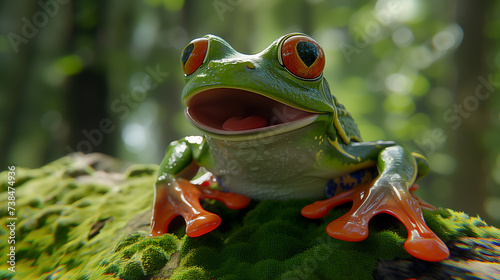 Happy Green Tree Frog Sitting on a Mossy Branch in a Lush Forest