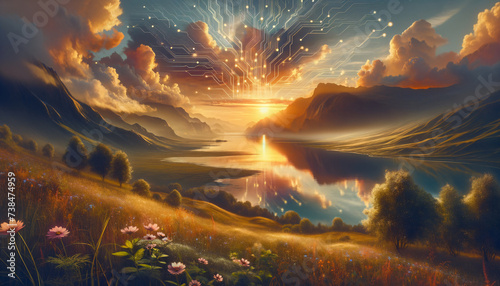 Tranquil sunrise over a serene lake, symbolizing the harmony of AI technology with nature.