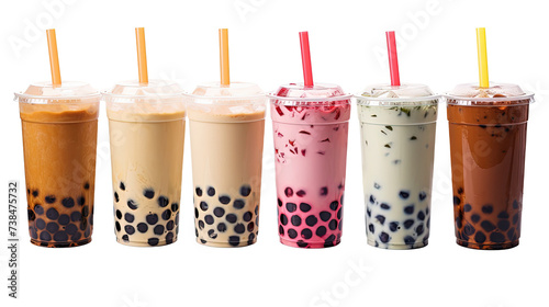 Various Bubble Tea or Baba on white isolated on clear png background and transparent background. food drink and dessert concept for cafe and restaurent, AI generative.	 photo