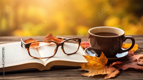 A cup of coffee, an open book, and glasses, with a blurred autumn background.