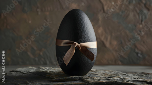 A monochromatic Easter egg wrapped in sleek matte black paper, accented with a single metallic gold ribbon photo