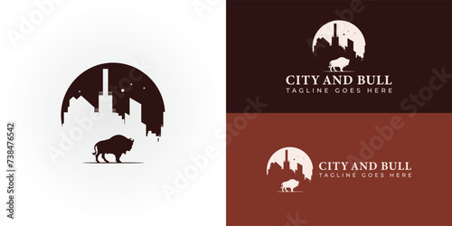 City Bull logo in the form of a circle silhouetted city applied for the housing and apartment business. Angus Cow Cattle Buffalo Bull Silhouette at Pine Fir Conifer Evergreen Tree Forest logo design