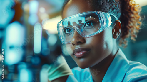 Black woman working with microscope, future medical technology