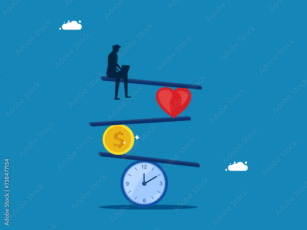 balancing work on clock, heart and coin