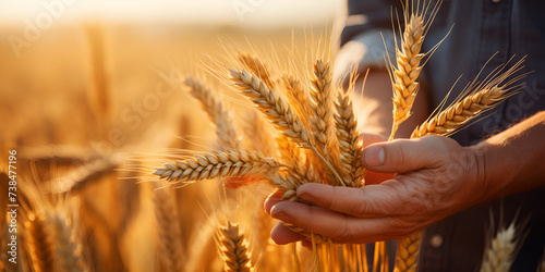 A man holds golden ears of wheat against the background of a ripening field. Farmer's hands close-up. The concept of planting and harvesting a rich harvest. Rural landscape at sunset. selective focus.
