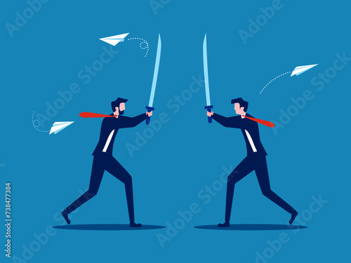 Trade war, business competition. Two businessmen fighting with swords