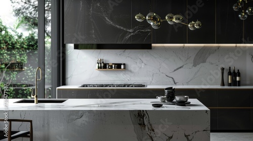 Minimalist Kitchen with Marble Countertop and Black Cabinets AI Generated.
