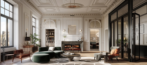 A luxury Paris, all white, French Haussmann apartment heritage interior with modern furnishings. Inspiring interior design.  photo