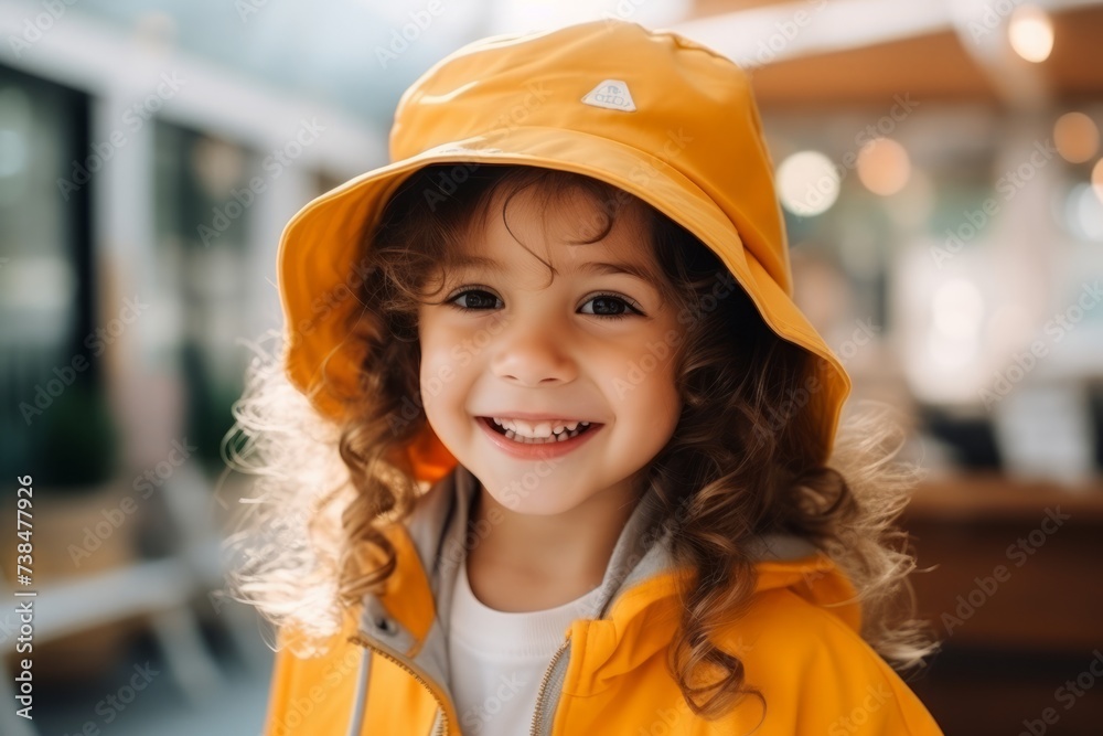 Portrait of a smiling little girl in a yellow raincoat and cap