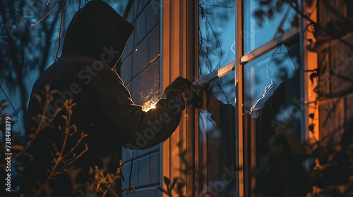 A burglar wearing a black hoodie and gloves is breaking into a house through a window, The burglar could be using a flashlight to look for valuables. photo