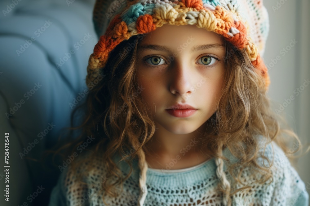 Portrait of a beautiful little girl in a warm hat and sweater