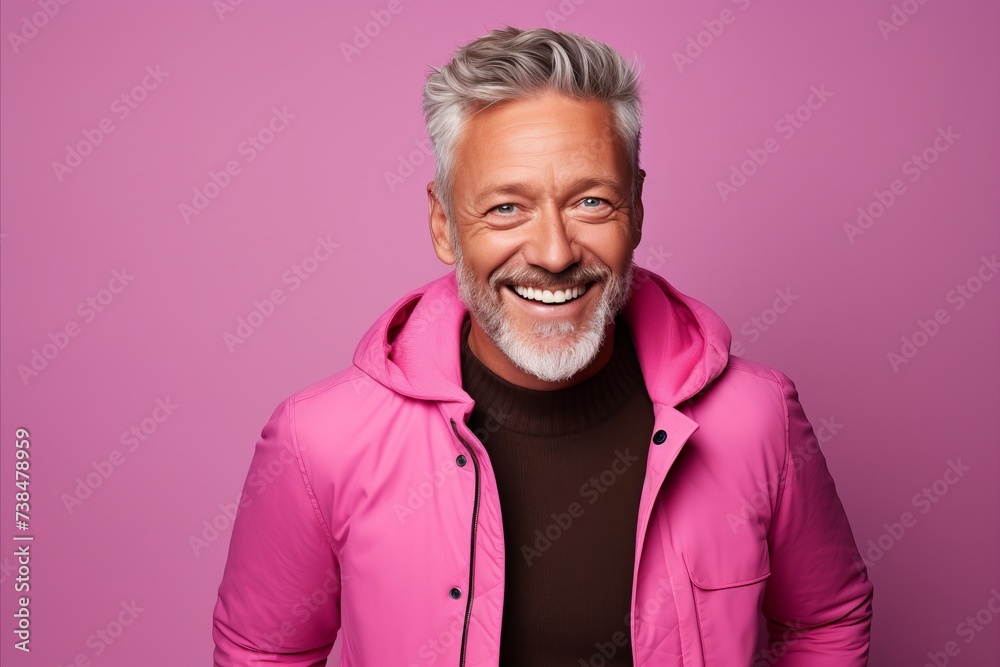 Portrait of a happy senior man with grey beard and mustache in a pink jacket on a purple background.