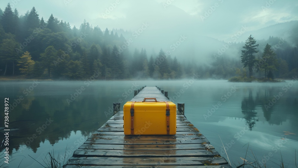 A yellow suitcase was placed in the middle of a wooden bridge by the lake - obrazy, fototapety, plakaty 