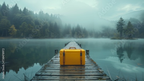 A yellow suitcase was placed in the middle of a wooden bridge by the lake