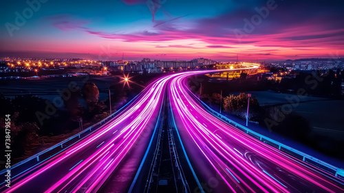 A futuristic cityscape, neon lights, cyberpunk, blue, sleek, urban, dynamic photography