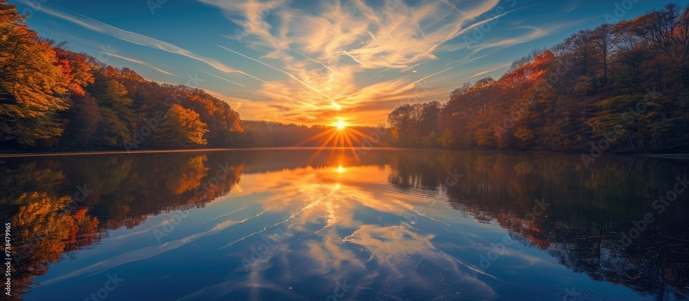 The sun's reflection on the calm lake during an autumn sunset.