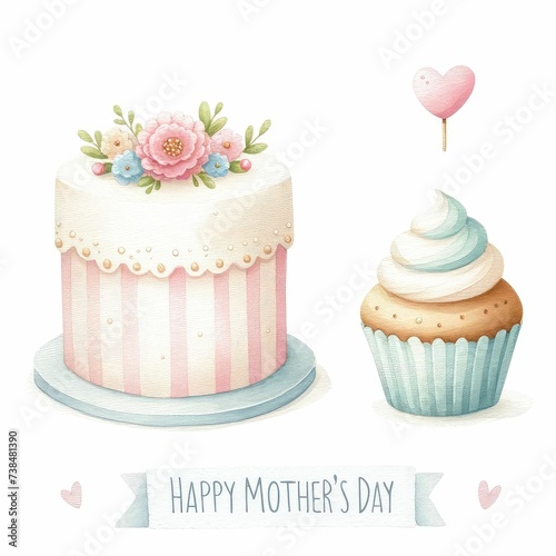 Happy Mother s Day.  watercolor illustration. Mother s Day card with cupcake and sweet cake. 