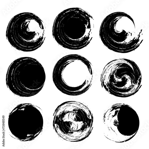 a set of black and white ink circles, inkblots brush stroke circle, ink circle, brush circle set, black brush stroke set